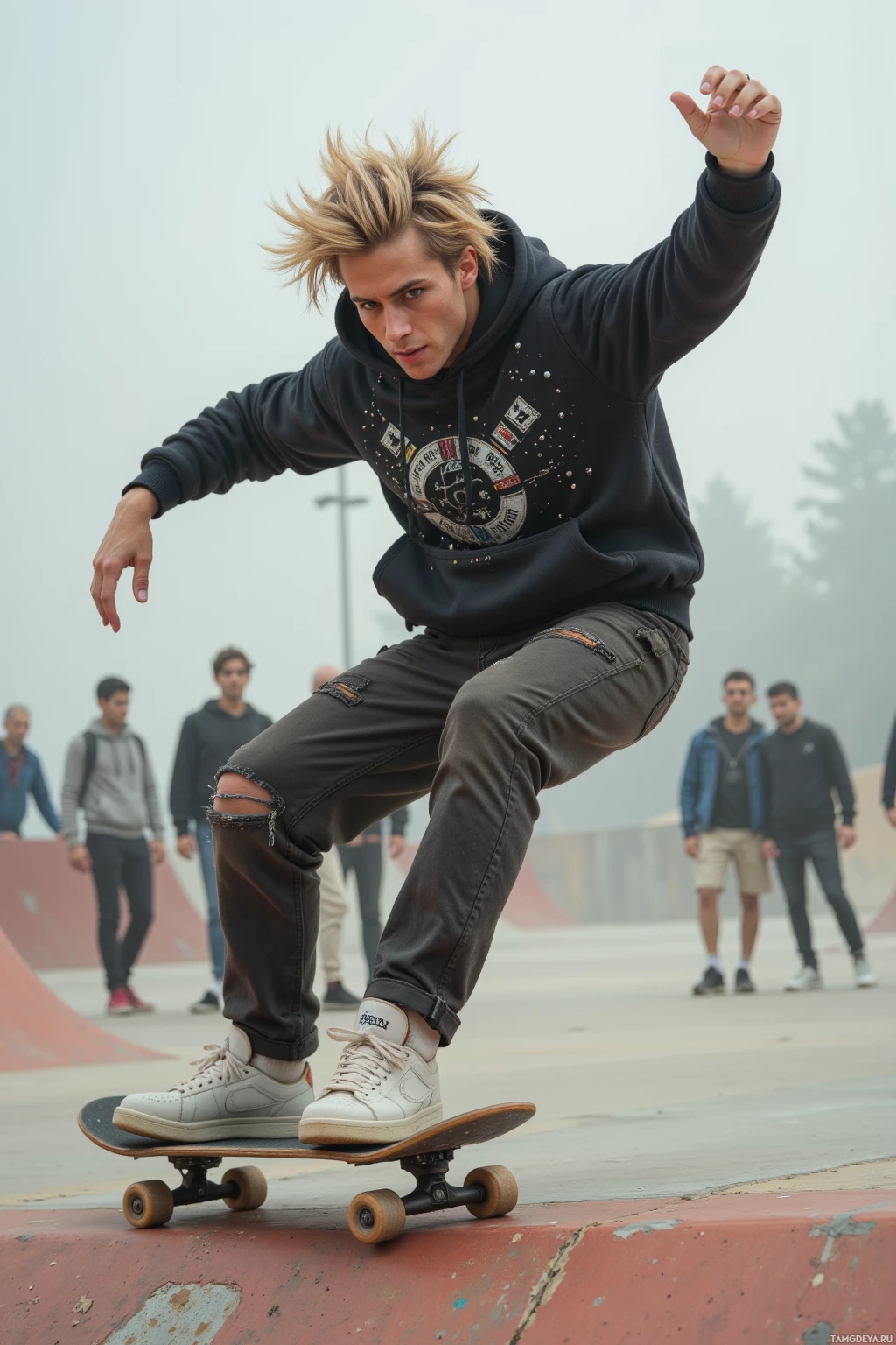 Realistic high quality photo. A confident 30‑year‑old male skateboarder with messy blonde hair, bright blue eyes, angular face and a cocky grin, wearing a black hoodie with silver studs and skateboard graphics, skating on a sunlit foggy skate park, pulling a fresh line and hitting the lip, surrounded by friends in casual modern attire, all captured in realistic daytime lighting.