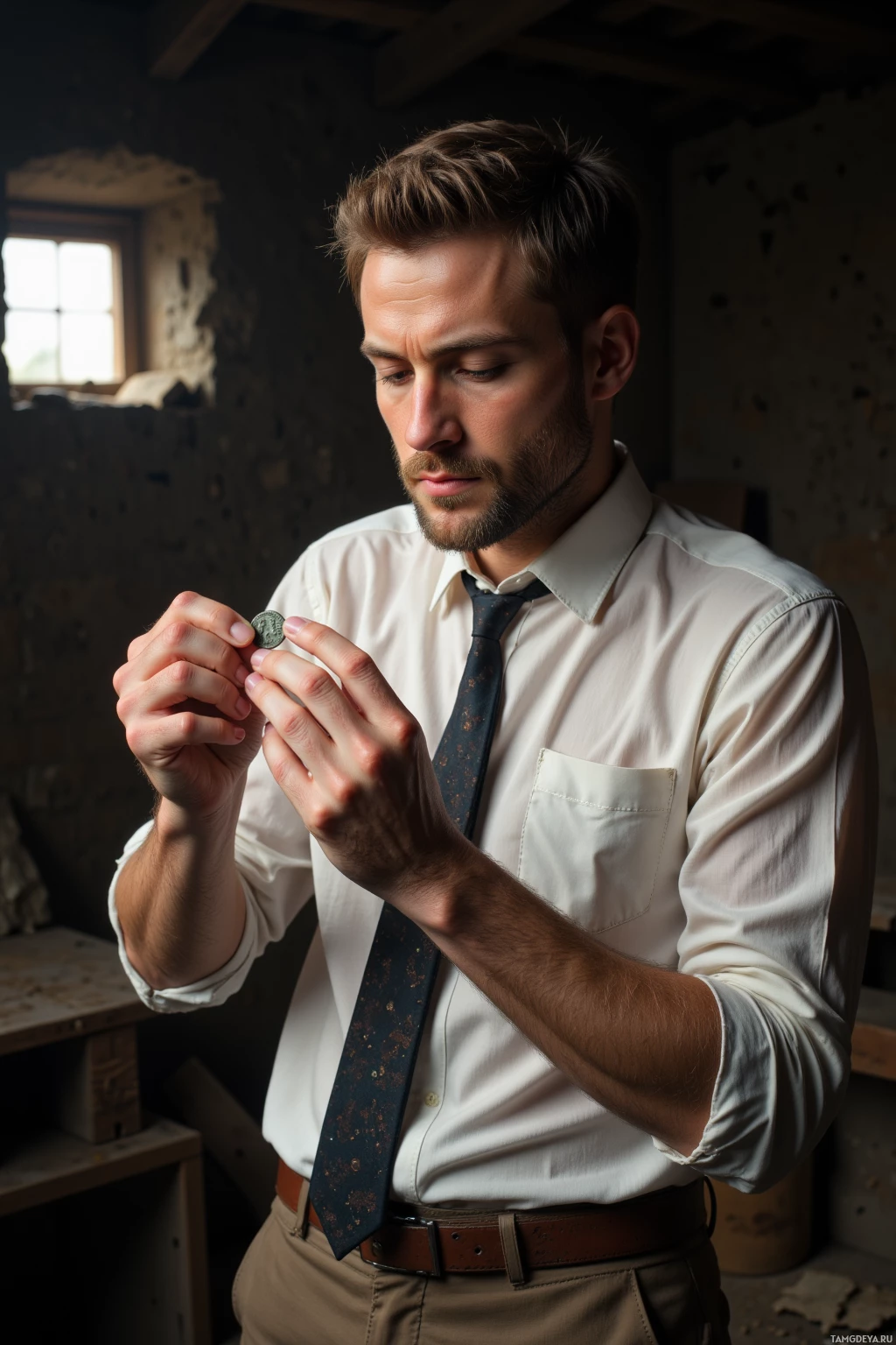 Realistic high quality photo. A 47-year-old man with light brown short hair, blue eyes, fair skin, wearing a crisp white shirt and slim tie, meticulously polishing a worn Roman denarius in a dim attic filled with dusty relics, afternoon light filtering through a small window, his focused expression reflecting quiet satisfaction and melancholy.