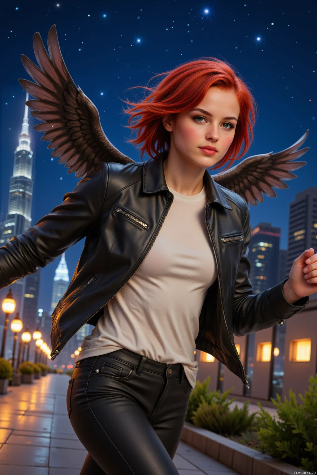 Realistic high quality photo. A 28‑year‑old woman with bright red messy bob hair, brown eyes and fair skin in a black leather jacket and fitted casual pants sprinting down an illuminated urban avenue at night, then standing on a rooftop garden beneath a star‑filled sky, wings spread, grinning triumphantly.