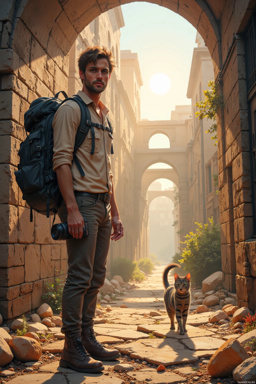 Realistic high quality photo. A 29‑year‑old male travel blogger with tousled light brown hair, bright blue eyes, wearing a beige shirt, rugged pants, sturdy hiking boots, backpack and camera, stands in morning mist beside an abandoned aqueduct, following a tiny map made of old ticket stubs from a stray cat with emerald eyes down a spice‑filled narrow alleyway toward a sunlit plaza at noon, while sunrise gently lights the riverbank ahead.