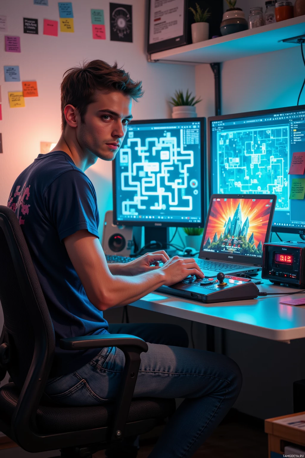 Realistic high quality photo. A young man in his mid‑20s with short light brown hair, blue eyes, pale skin, wearing a retro graphic t‑shirt and faded jeans sits at a modern office desk cluttered with an old‑school arcade console plugged into a glowing router, while a laptop screen displays a pixelated maze‑like UI with a flickering 8‑bit loading bar, as he fumbles at the keyboard to delete an email, surrounded by sticky notes of spreadsheet jumps.