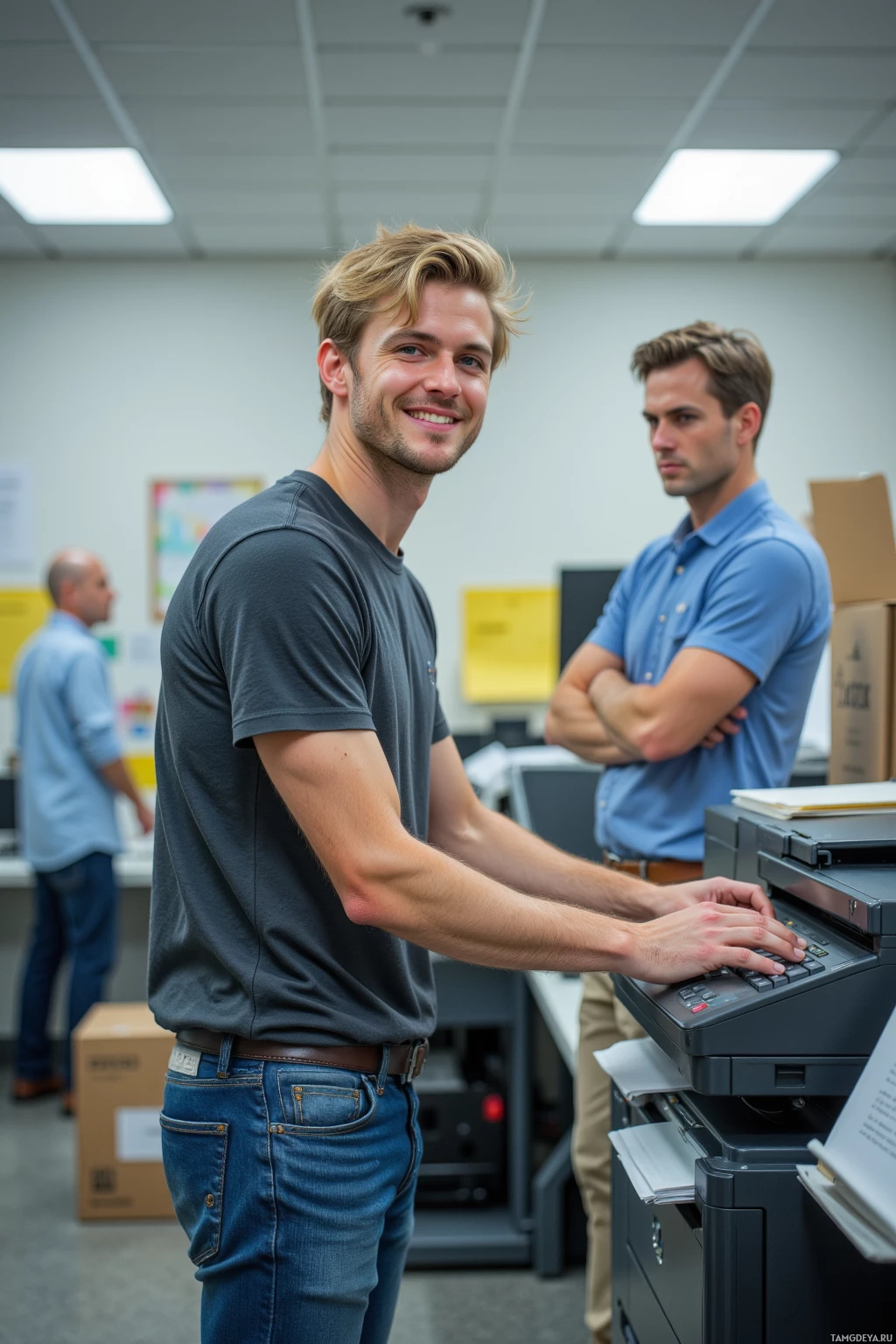 Realistic high quality photo. 28‑year‑old male with messy blonde hair and bright blue eyes, cheeky grin, wearing a casual tee and jeans, standing in a fluorescent‑lit HR office amid stacks of paperwork, pressing a copy machine button while a frowning supervisor watches from nearby.