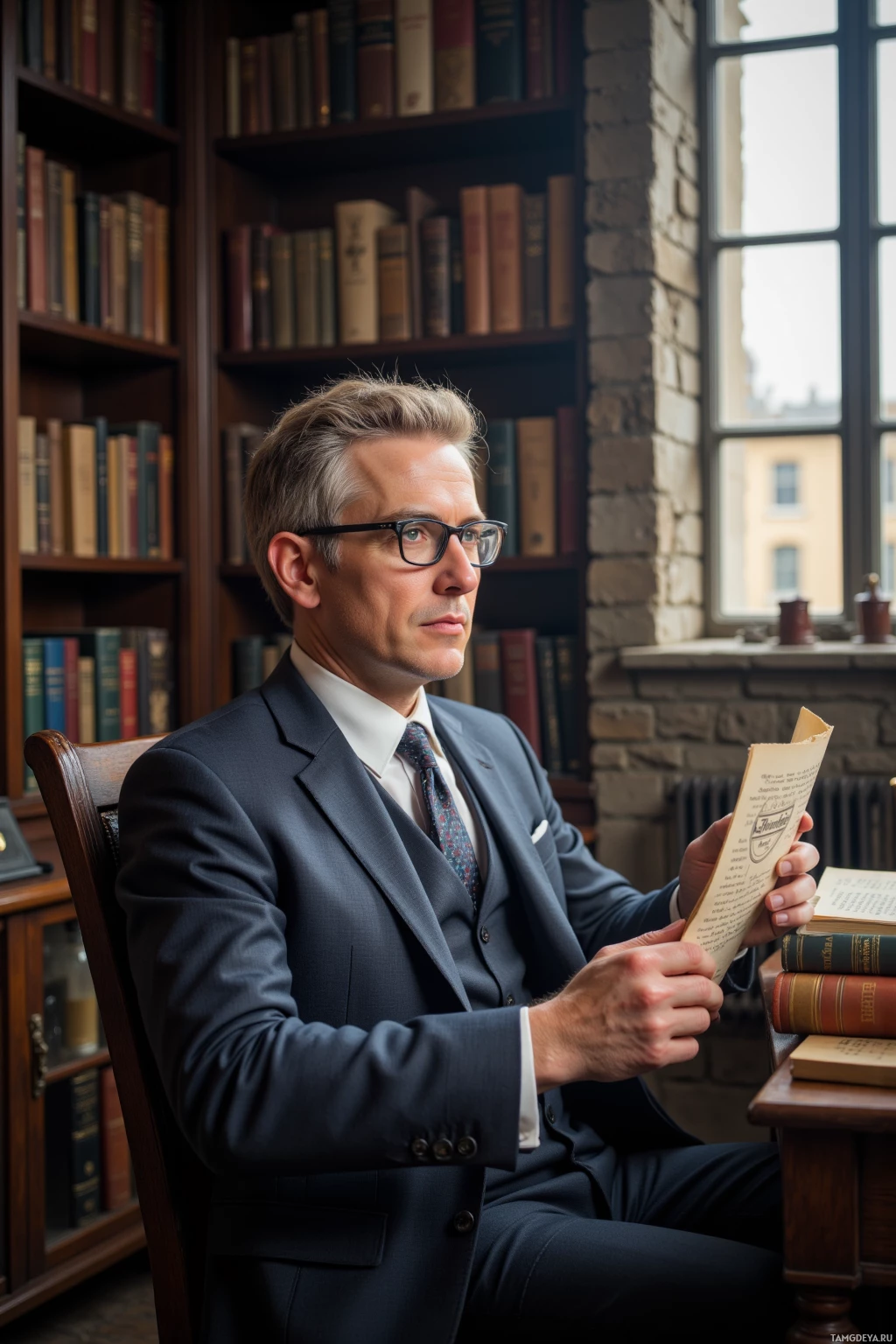 Realistic high quality photo. Inside a quiet corner of an old stone building near a bustling city square, a 50‑year‑old man with short blonde hair graying at the temples, pale skin, blue eyes in a tailored suit and reading glasses sits at a wooden desk surrounded by first editions of Austen and Eliot, holding a single manuscript page.