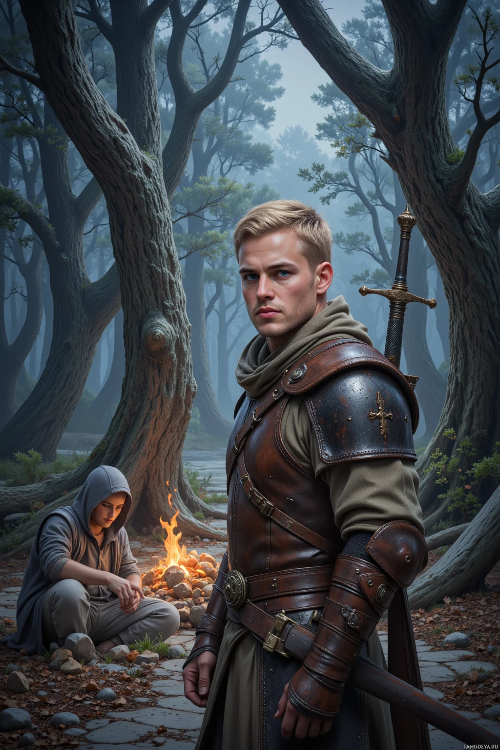 Realistic high quality photo. Male, muscular figure with short blonde hair and striking blue eyes, fair skin in weathered leather armor holding a sword, stands vigilant amid mist‑clung roots of great pines in a northern forest at twilight, watching a weary merchant gather stolen goods while a smiling child watches nearby.