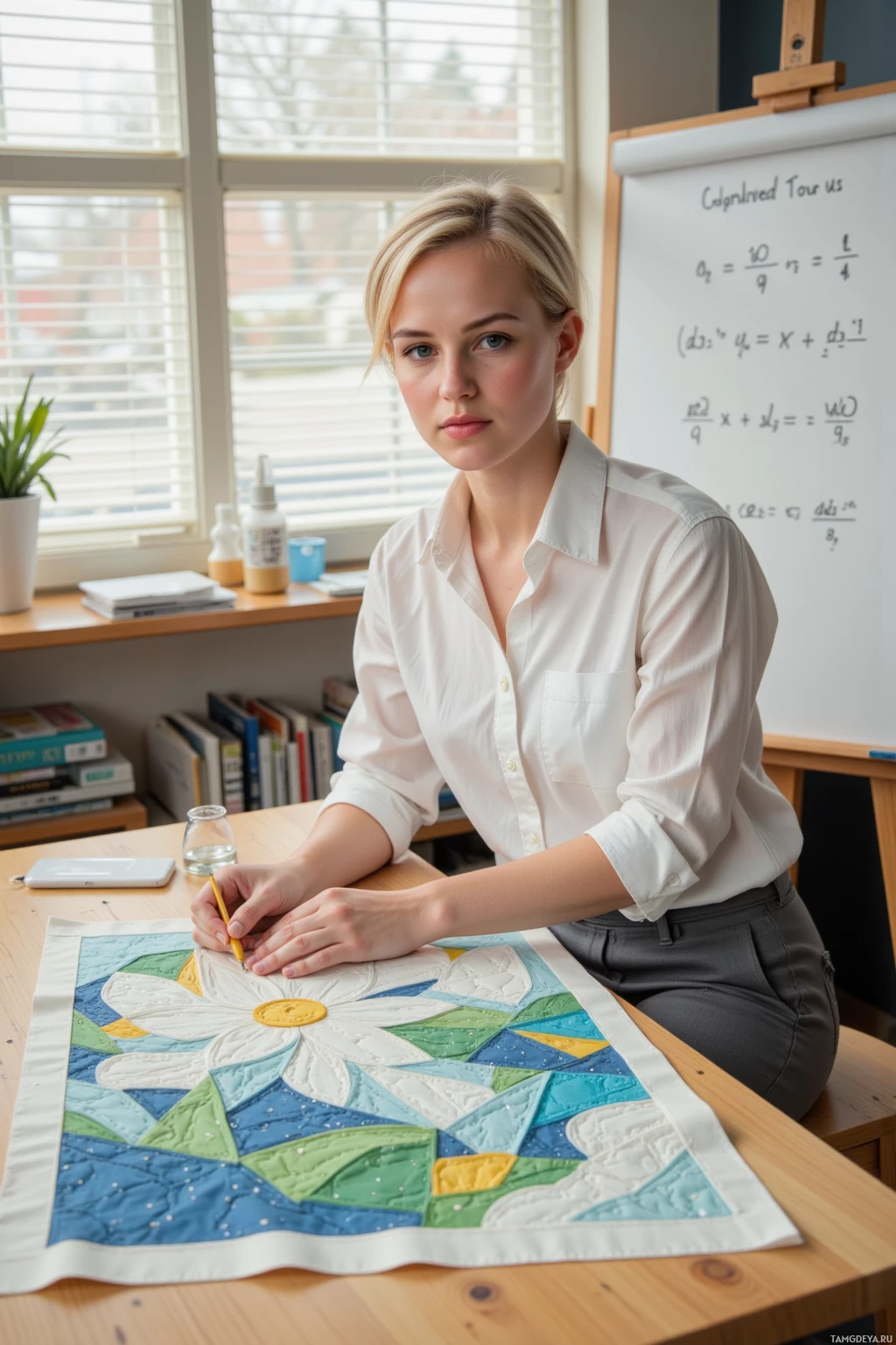 Realistic high quality photo. A 26‑year‑old woman with short blonde hair, bright blue eyes, pale skin, wearing a crisp white blouse and tailored dark grey pants, sits at a wooden drafting table under half‑open blinds, gently stitching a quilt pattern that mirrors algebraic geometry equations on a nearby whiteboard, morning light softly illuminating the quiet workspace.