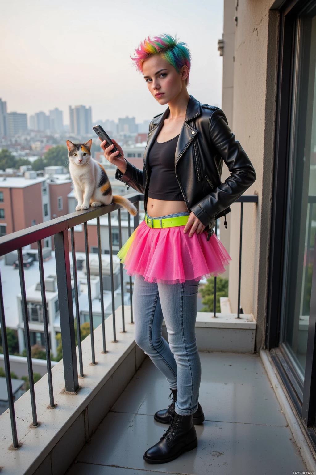 Realistic high quality photo. Young woman with short spiky rainbow hair, piercing blue eyes, wearing a fitted black leather jacket over a black tank top, light jeans, tall black boots, standing on an urban balcony in early morning light, wearing a bright neon tutu, holding a phone to check the weather, a cat on the railing taking a selfie, a wall mirror reflecting her sarcastic gaze.