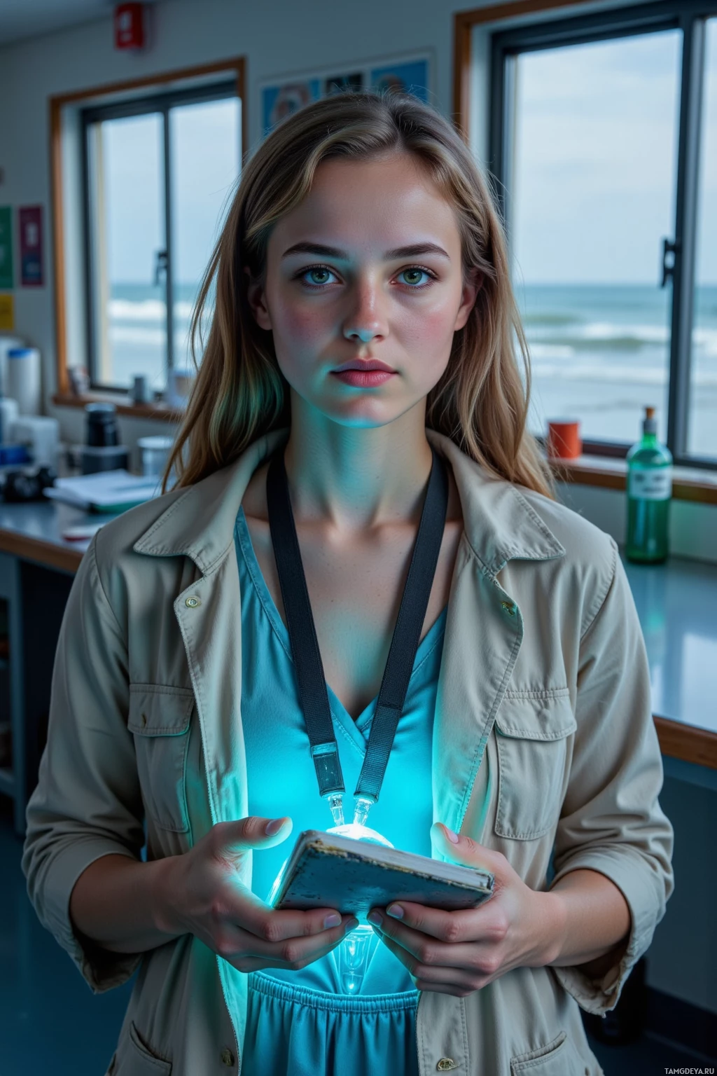 Realistic high quality photo. A 31‑year‑old woman with long wavy light brown hair and serene blue‑green eyes, wearing a simple sea‑blue natural‑fabric dress paired with a lightweight field jacket, stands in a bright coastal marine biology lab holding a weathered journal and binoculars around her neck as she calibrates the glow of a new photoluminescent probe that emits a gentle blue shimmer on a stainless‑steel bench beside windows overlooking a twilight tide pool.
