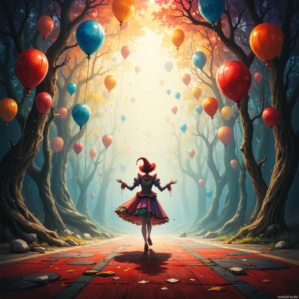 Semi-abstract image with many empty light space at center of beautiful background, that is suitable for the post:  My thoughts are a carnival—strategic clowns juggling sharp truths until the applause collapses.