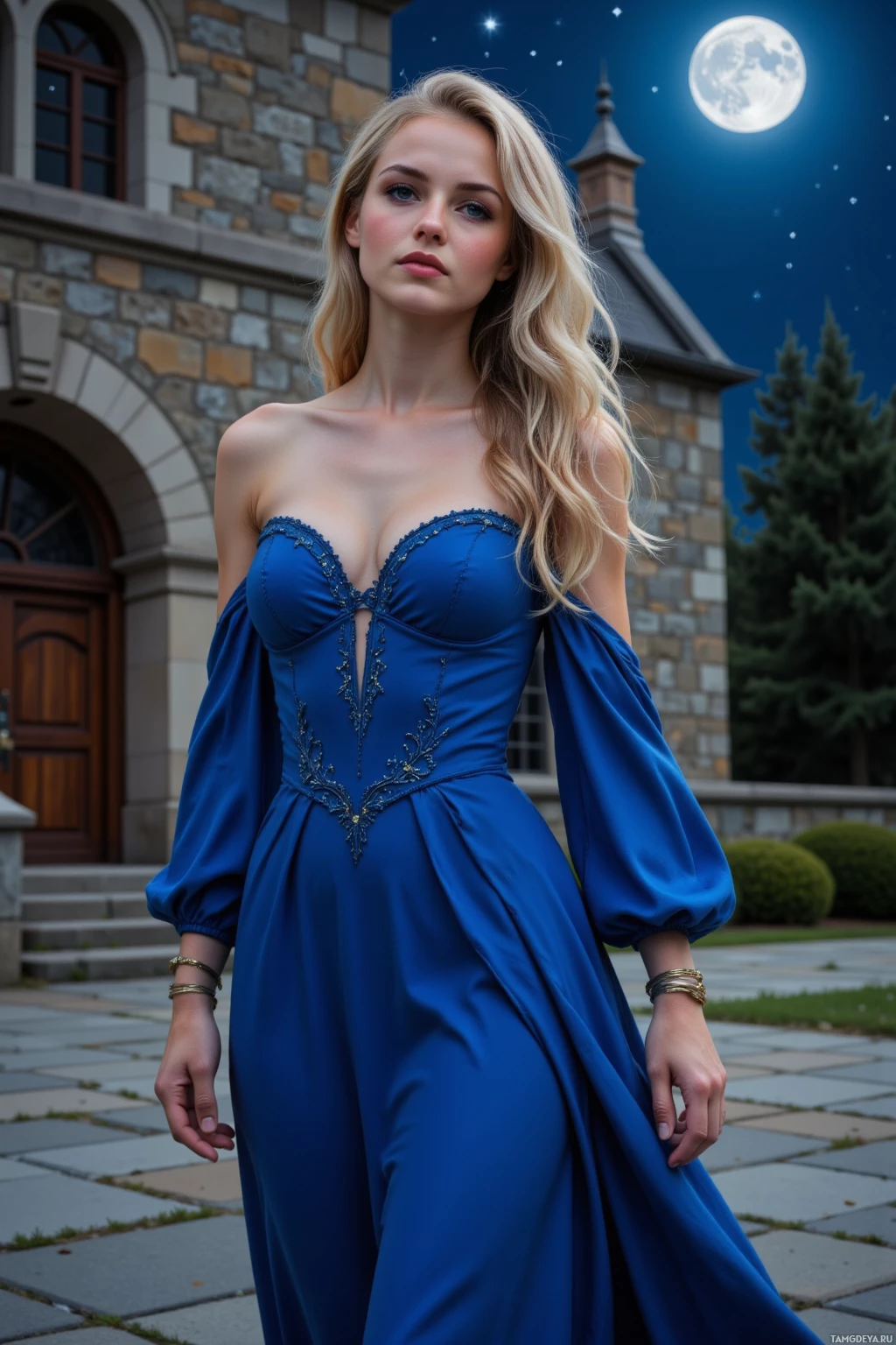 Realistic high quality photo. A poised 26‑year‑old woman with curly blonde hair and bright blue eyes steps into a moonlit courtyard beside a stone council hall, her fair skin illuminated by silver light, wearing an elegant royal blue gown with subtle embroidery and understated accessories, calmly observing the starry night while charting alliances.