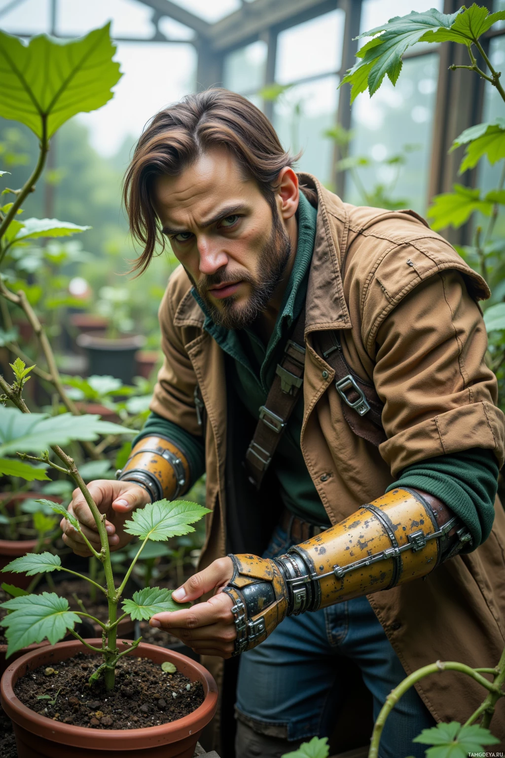 Realistic high quality photo. 30‑year‑old male artisan with light brown hair, warm brown eyes, rustic greenish skin, wearing a bark‑textured coat and wooden prosthetic limbs, hunched over a bioengineered vine in a greenhouse workshop, his clenched fingers feeling cellulose fibers while pulsing circuitry glows, frustrated expression as synthetic nutrient delivery lags, leaves unfurling around him.