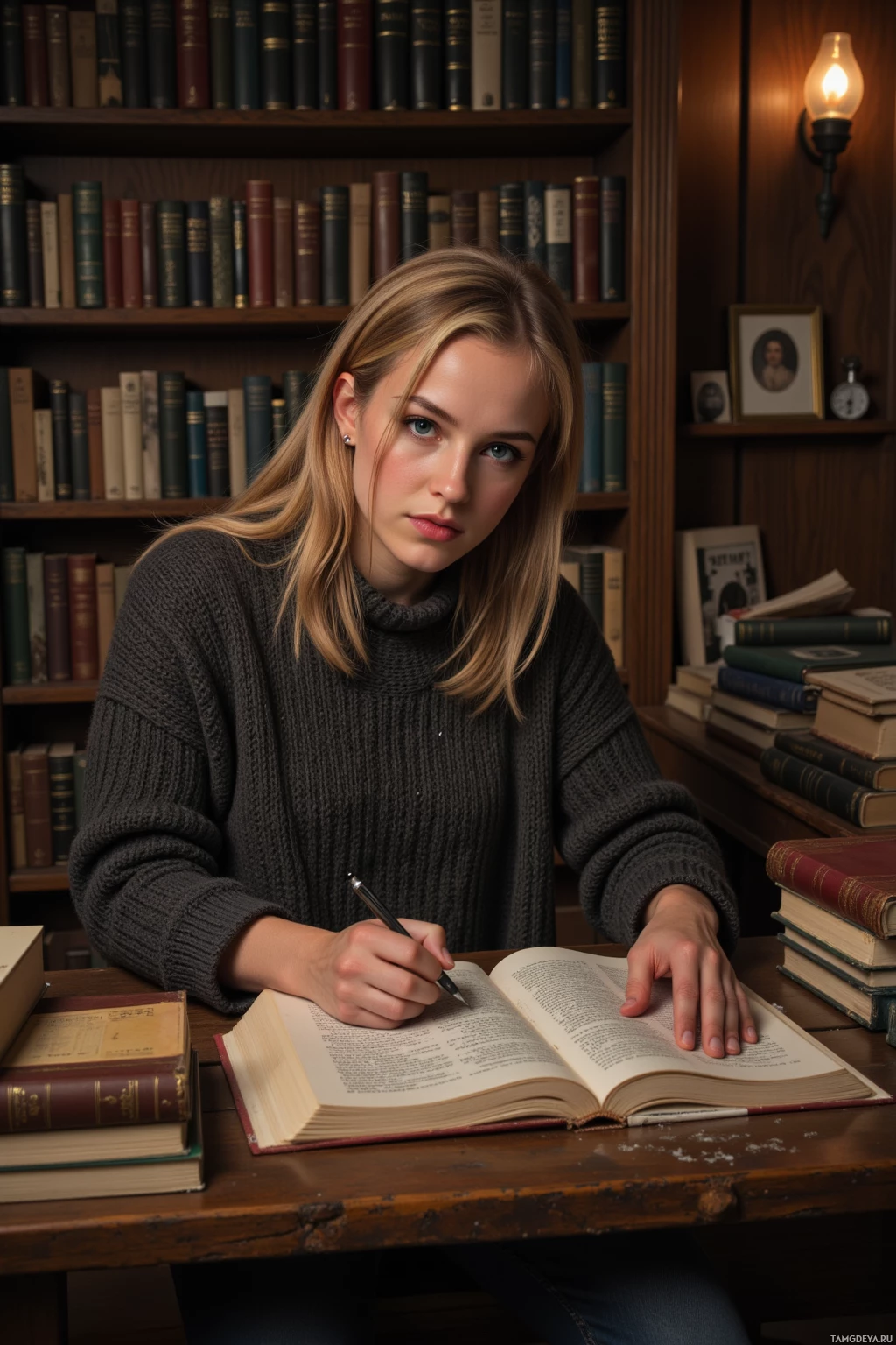 Realistic high quality photo. A 25‑year‑old woman with shoulder‑length blonde hair, blue eyes, wearing a chunky knit sweater and faded jeans, shuffling a cluttered ledger on a wooden counter in a dimly lit back room of a bookshop surrounded by dusty shelves of classics, her fingers annotating a book while a single warm lamp casts shadows in the late‑night silence.