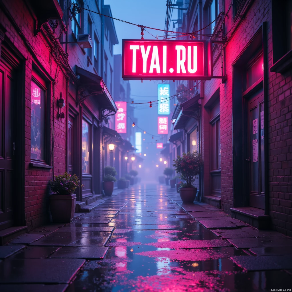 Неоновый переулок с яркой красной вывеской "TYAI.RU" в футуристической городской среде.