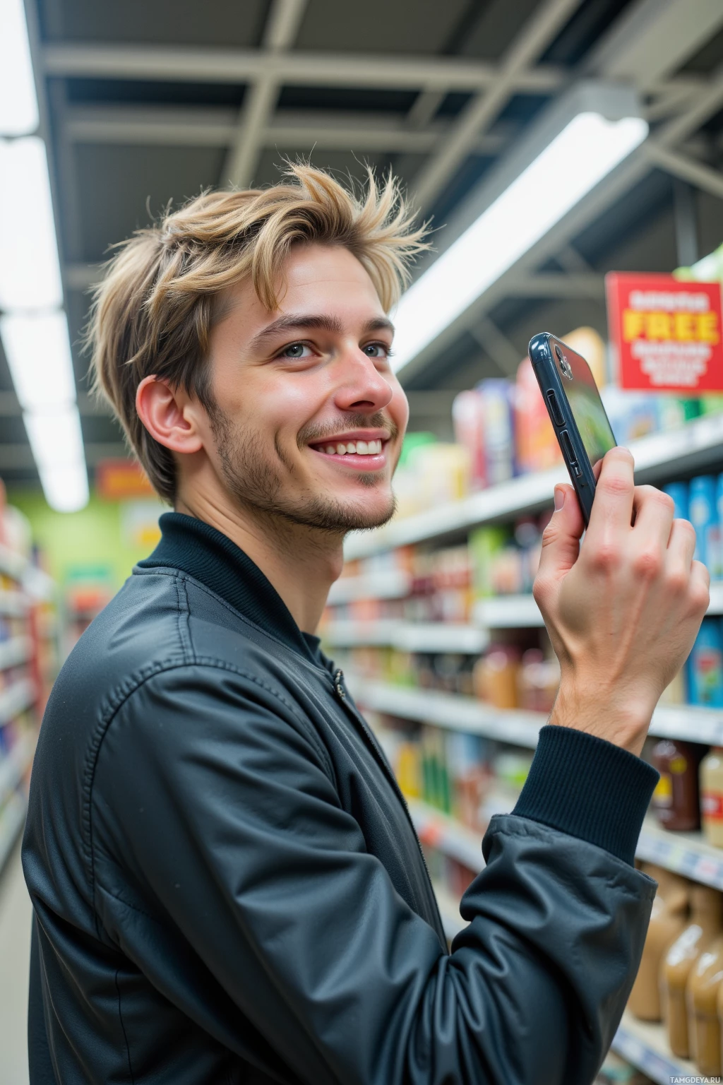 Человек в продуктовом магазине улыбается, держа в руках смартфон.