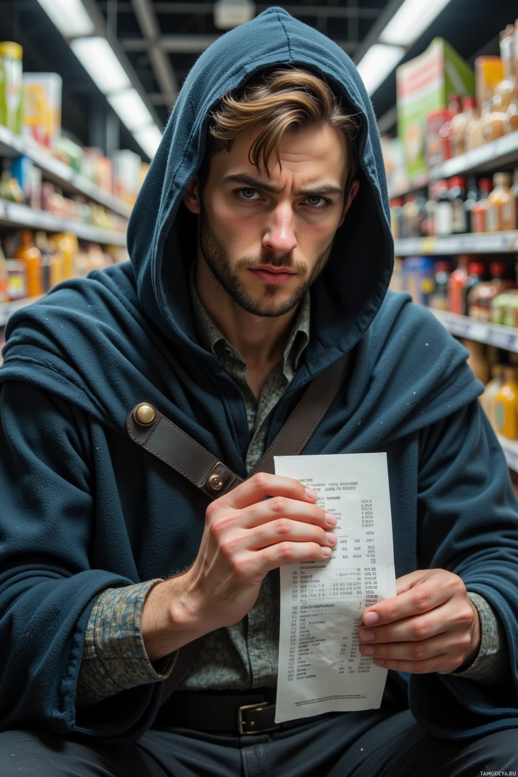 Человек в толстовке держит чек в продуктовом магазине.