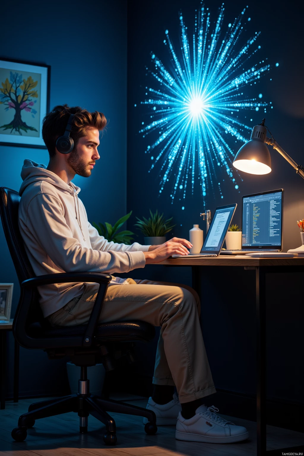 Человек в наушниках работает на ноутбуке в полумраке, на стене – эффект синего свечения.