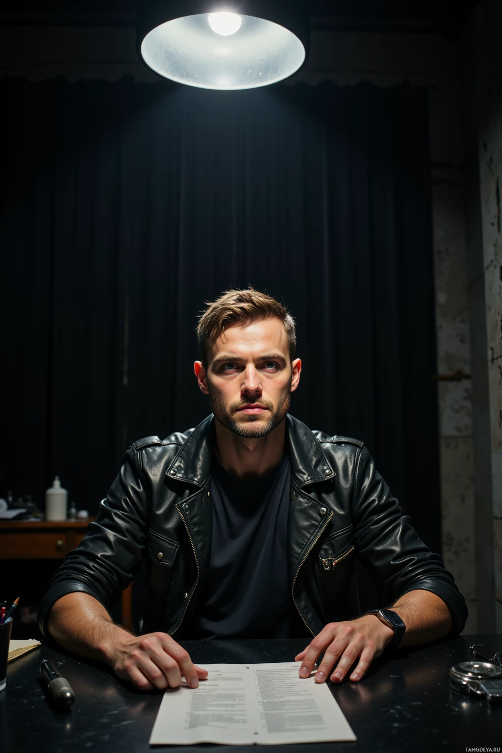 Мужчина в кожаной куртке сидит за столом с документом и ручкой, освещенный одиноким потолочным светом.