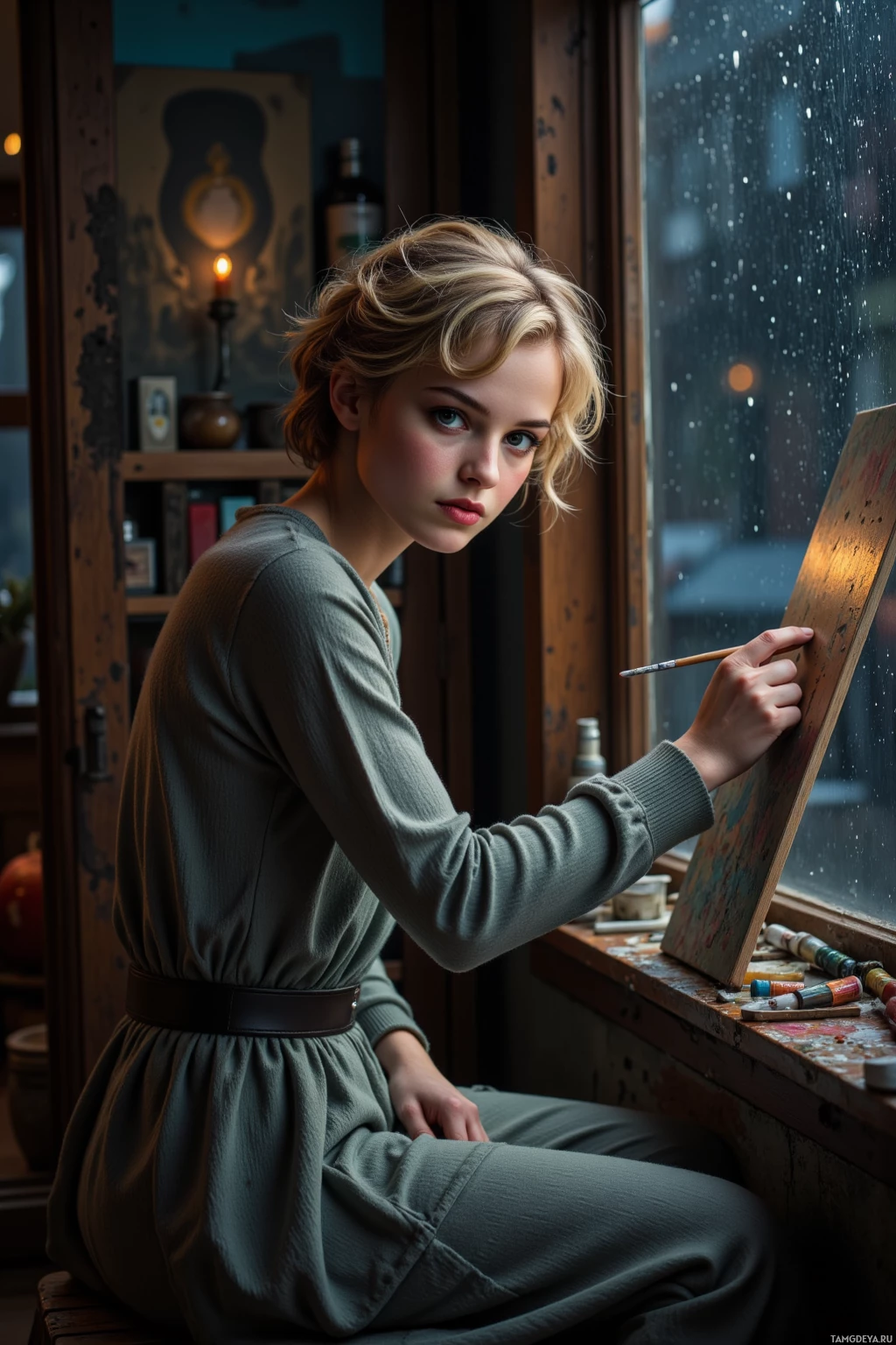 У окна сидит женщина, держа в руках кисть и холст, вокруг неё – принадлежности для творчества и уютный интерьер.