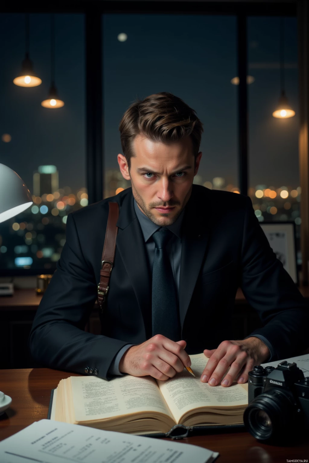 Мужчина в костюме сидит за столом и читает книгу, за окном виднеется городской пейзаж.