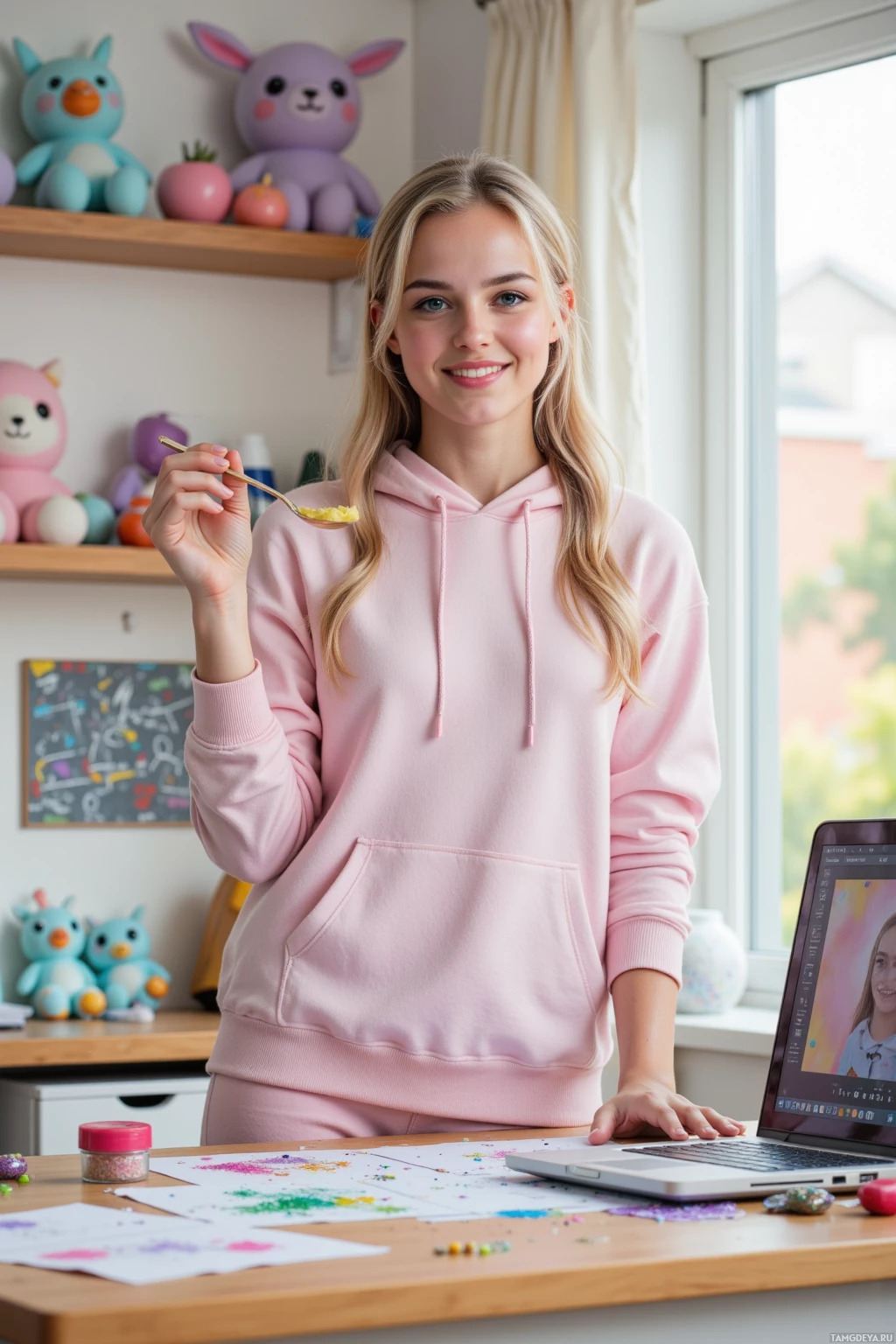 Человек в розовом худи стоит в комнате с ноутбуком и ярким декором.