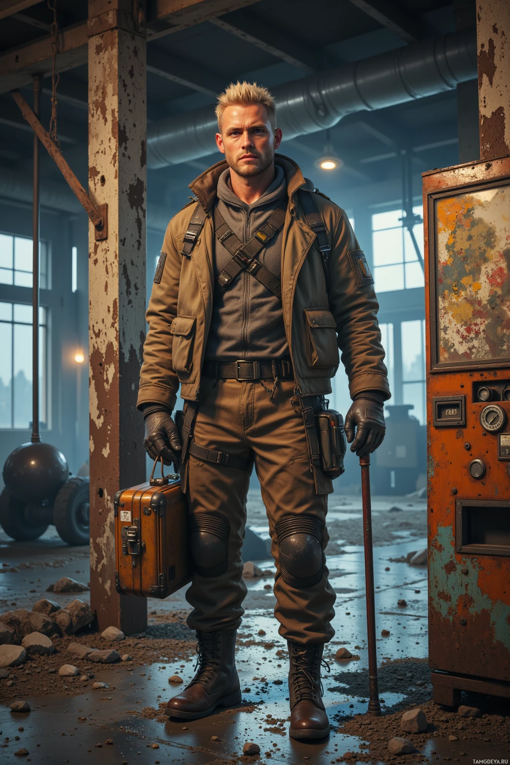 Мужчина в потрепанной одежде стоит на фоне полумрачного промышленного здания, держа в руках чемодан и трость.