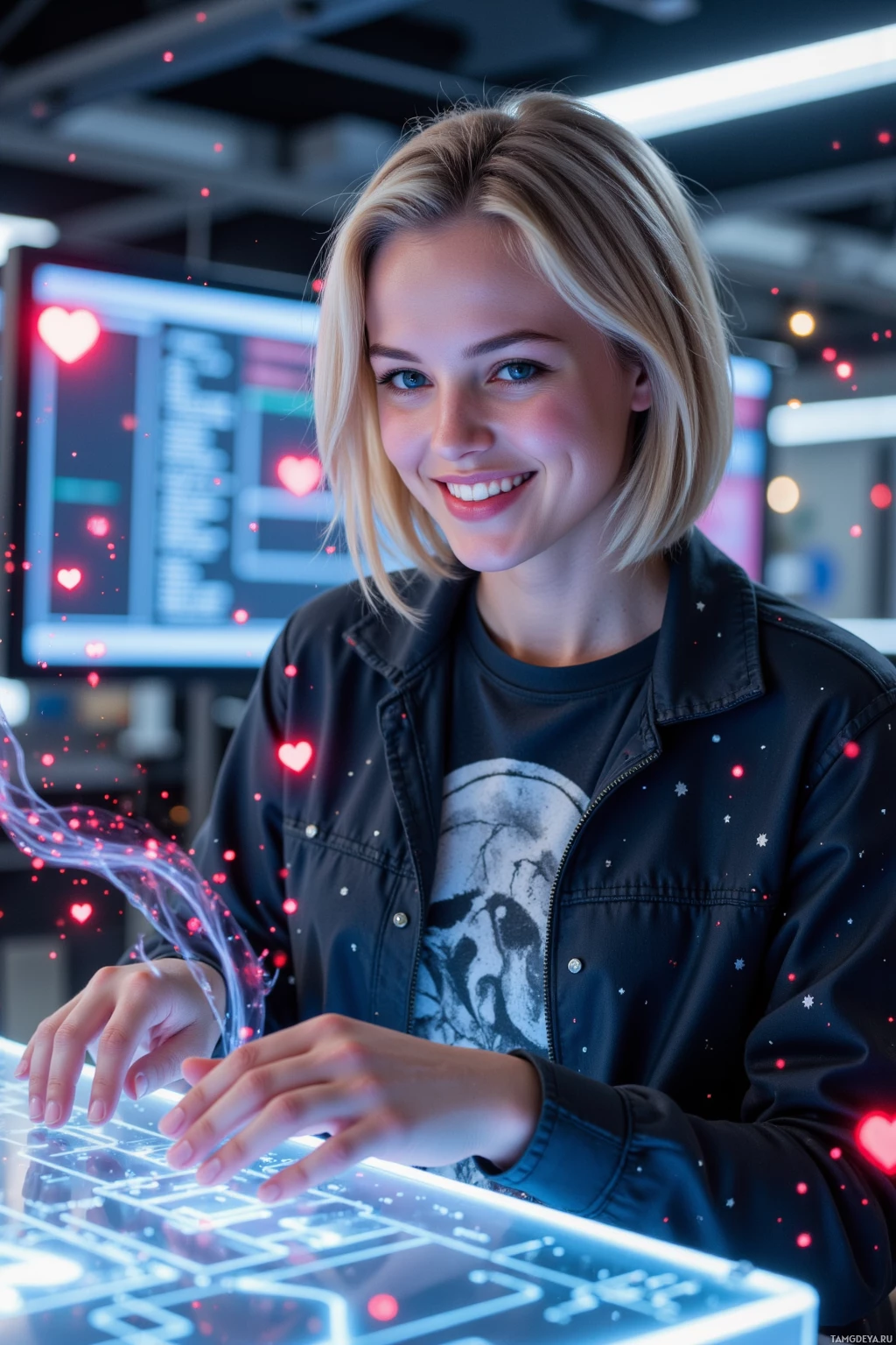 Человек взаимодействует с футуристическим, подсвеченным интерфейсом в современной, технологичной обстановке.