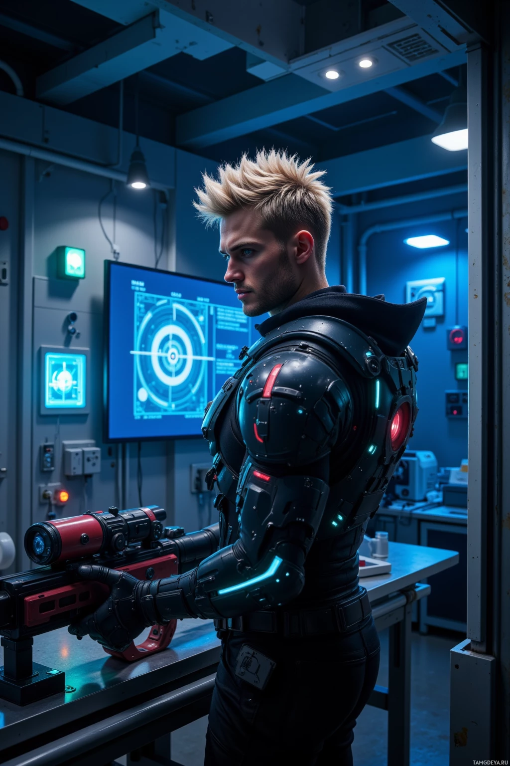 Солдат будущего, облаченный в высокотехнологичную экипировку, держит в руках крупное, передовое оружие.
