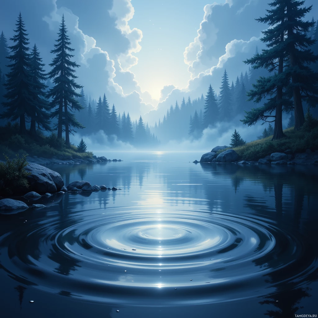 Спокойная лесная сцена с тихим озером, в котором отражается небо и окружающие деревья.