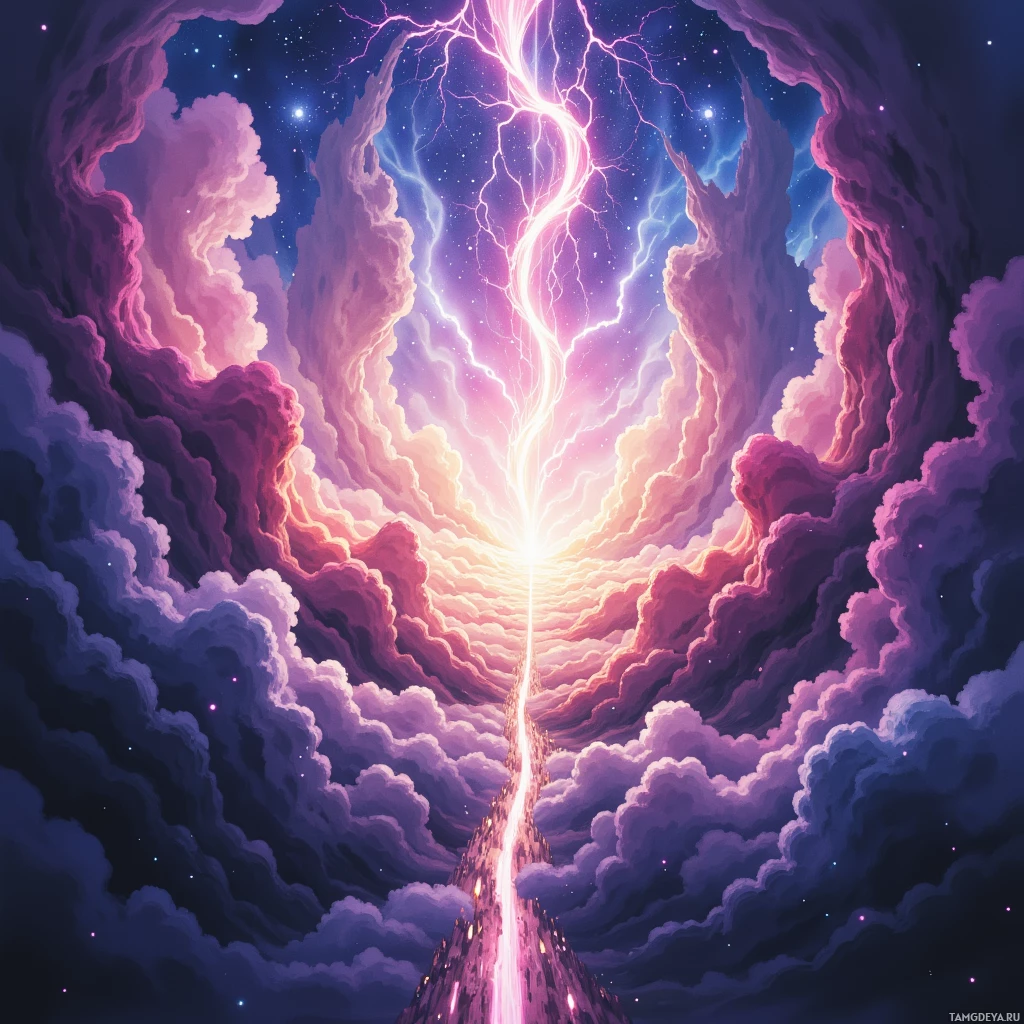 Яркая космическая сцена с завихряющимися облаками, вспышками молний и светящейся тропой, уходящей вверх.