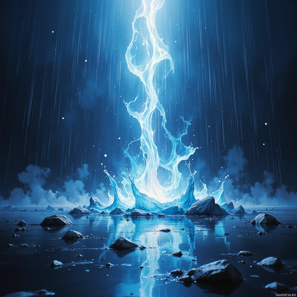 Мягкий, неземной свет струится с неба, освещая безмятежный пейзаж с камнями и водой.