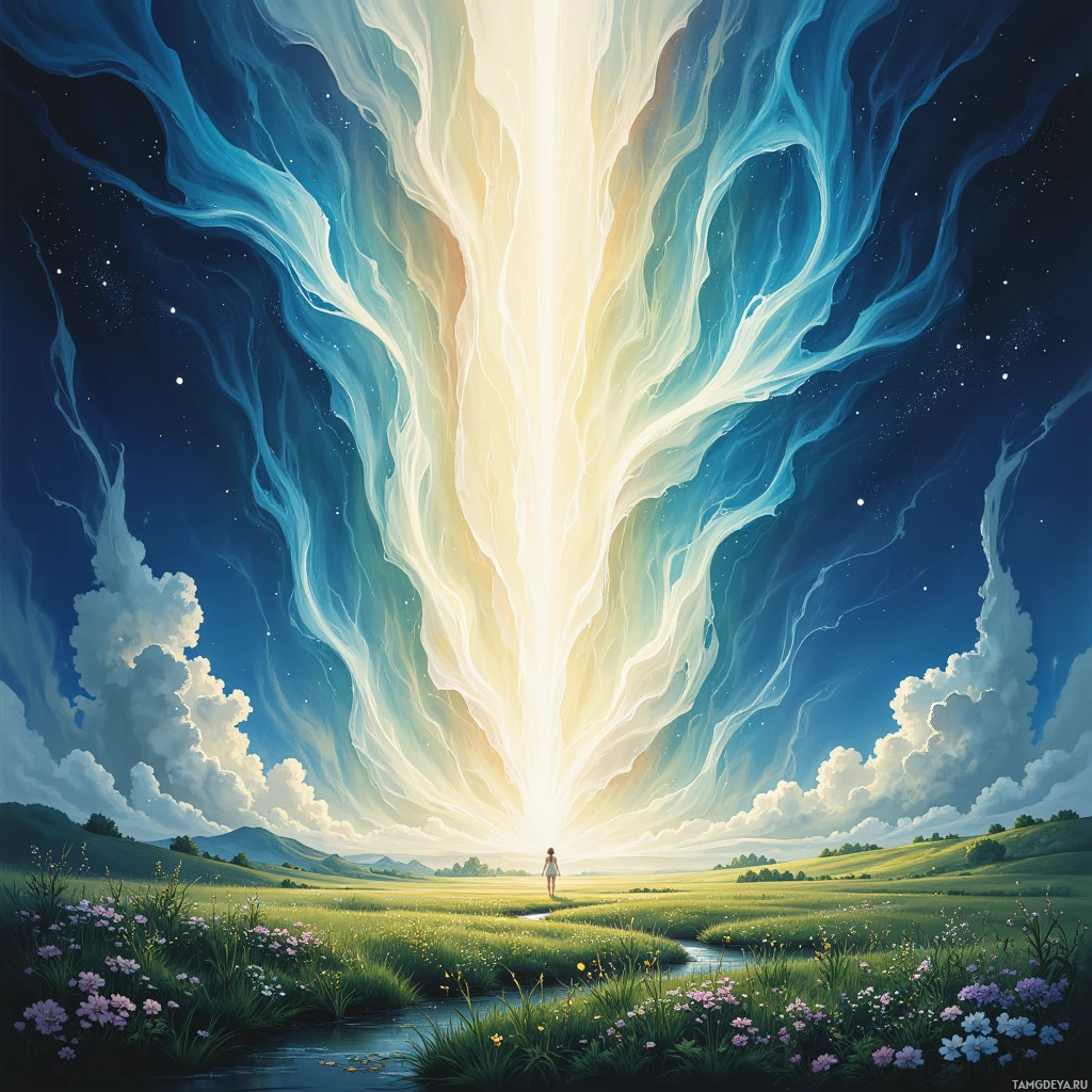 Спокойный пейзаж, на котором человек идёт навстречу сияющему свету в небе.