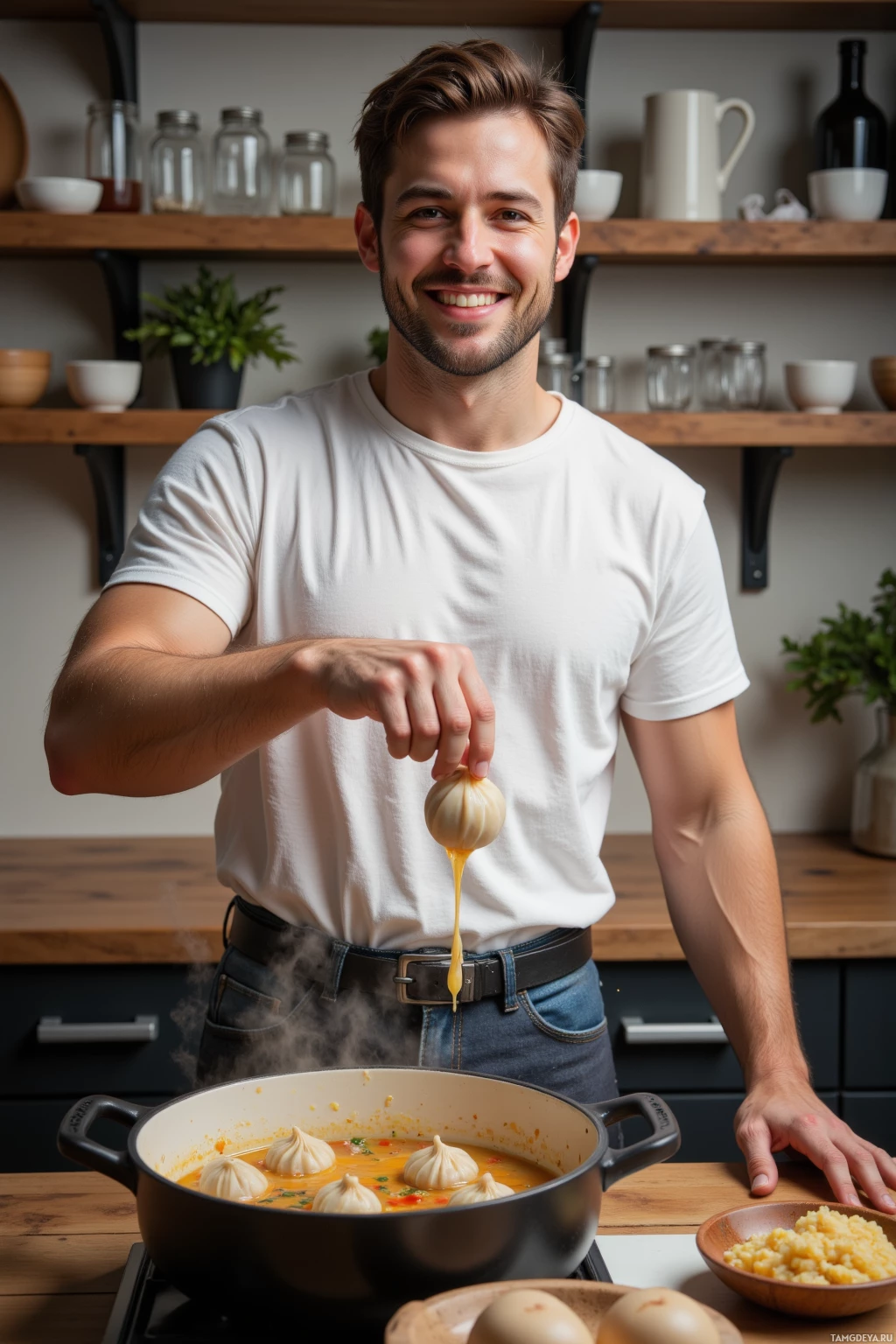 Мужчина готовит на кухне, поливая соус на пельмени в кастрюле.