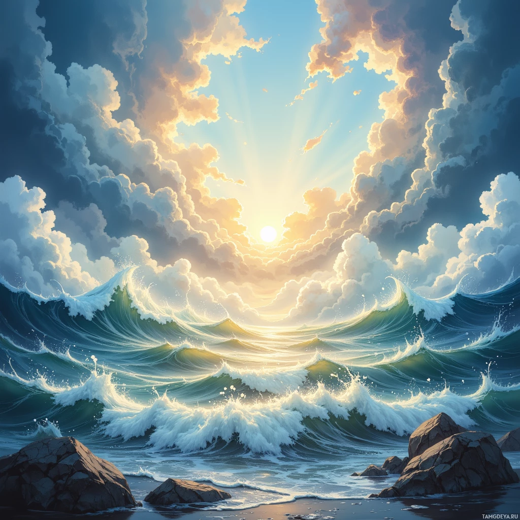 Захватывающий закат над океаном, с мощными волнами, разбивающимися о скалы.