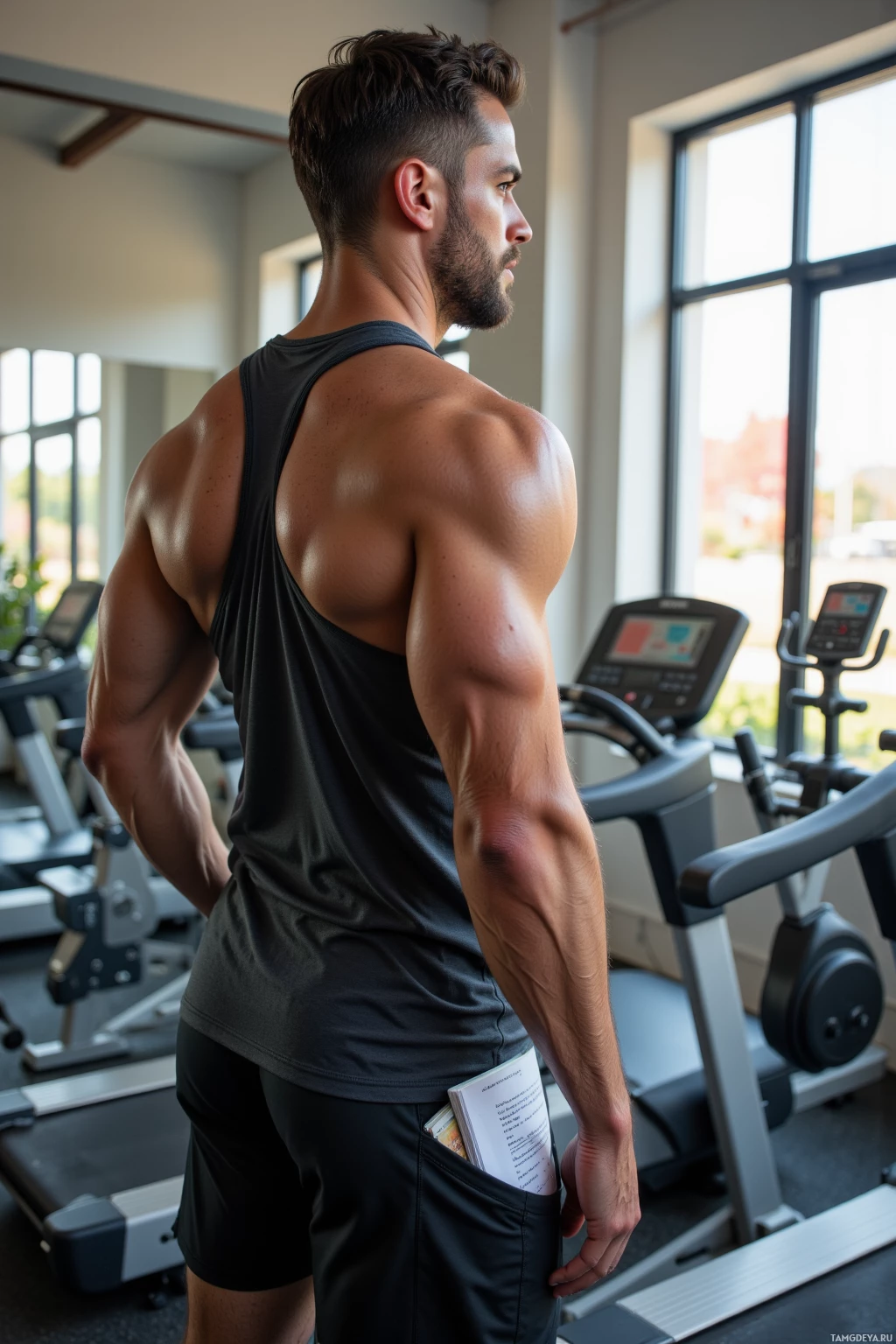 Мускулистый мужчина в спортзале, одетый в майку и шорты, стоит, засунув руки в карманы.