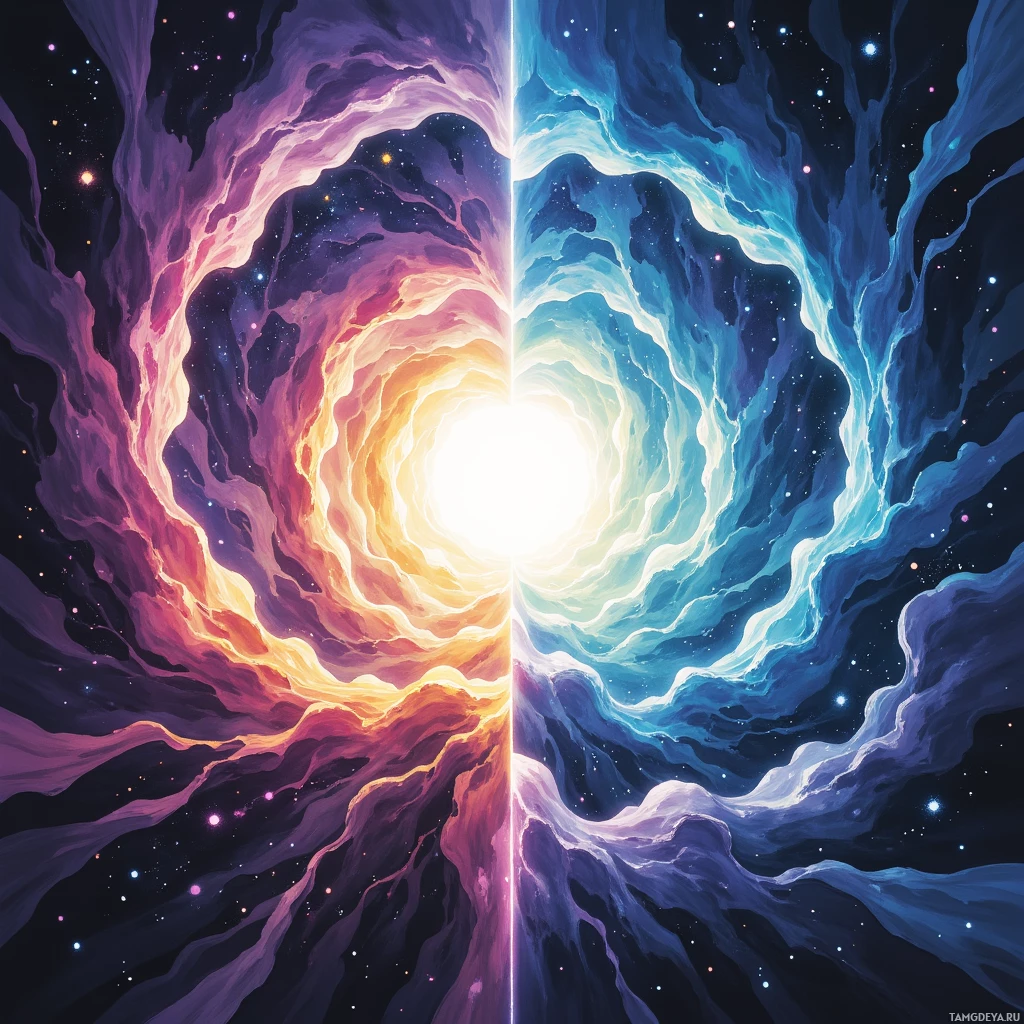 Яркая космическая сцена с вихрями туманностей лиловых, оранжевых, синих и белых оттенков на фоне звездного ночного неба.