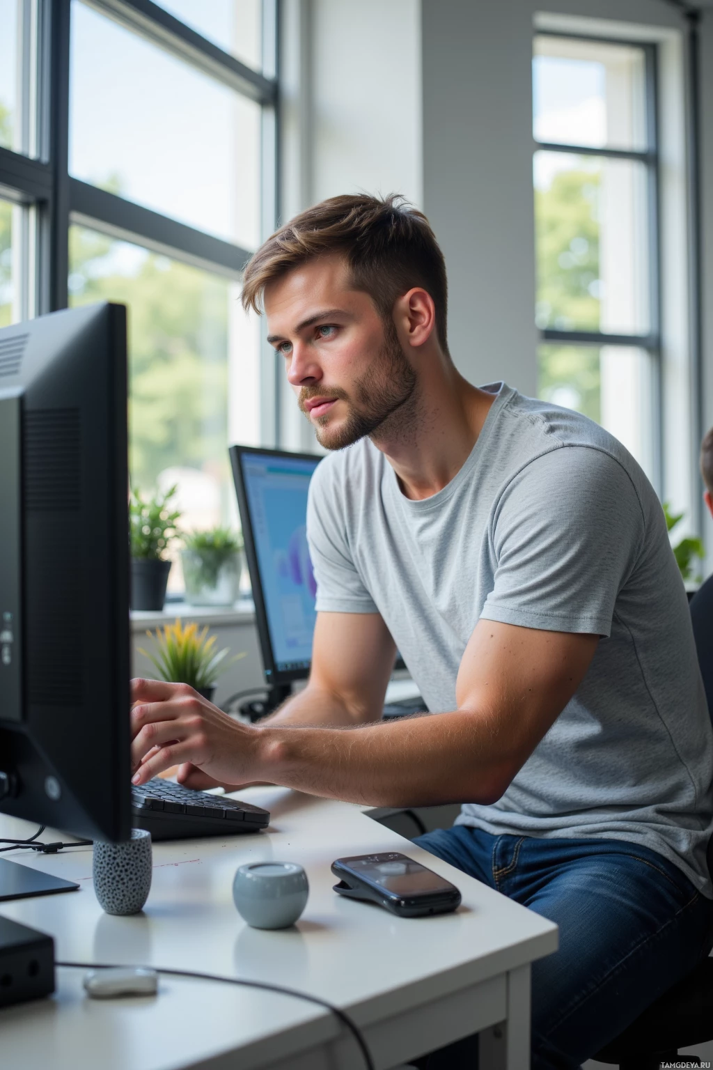 Мужчина работает за столом с компьютером в современном офисе.