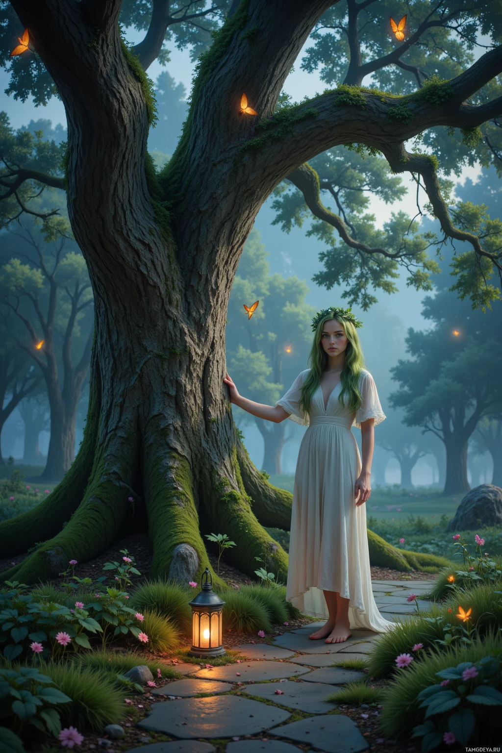В белом платье женщина стоит рядом с большим деревом в тихой лесной глуши.