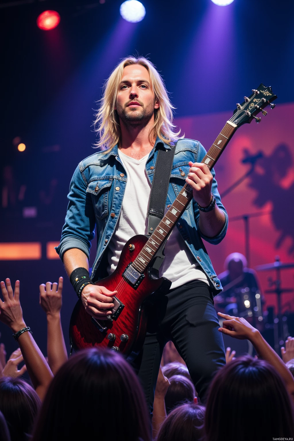 Гитарист выступает на сцене, а перед ним – зрители, поднявшие руки.