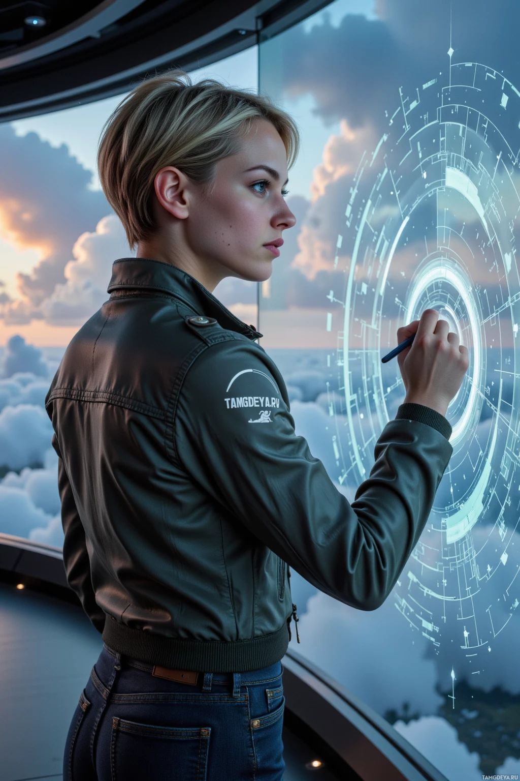 Человек в кожаной куртке взаимодействует с футуристическим интерфейсом.