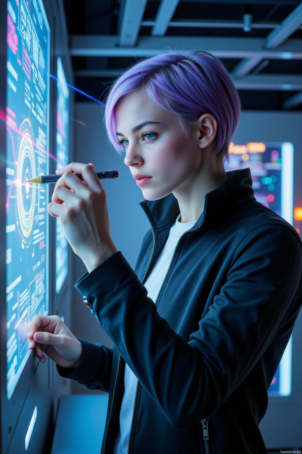 Человек с фиолетовыми волосами стоит перед большим экраном и указывает на него ручкой.