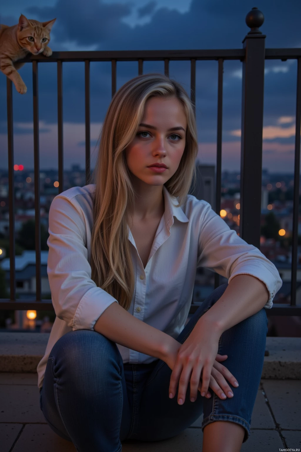 Человек в белой рубашке и джинсах сидит на крыше, а на ограждении рядом с ним примостился кот.