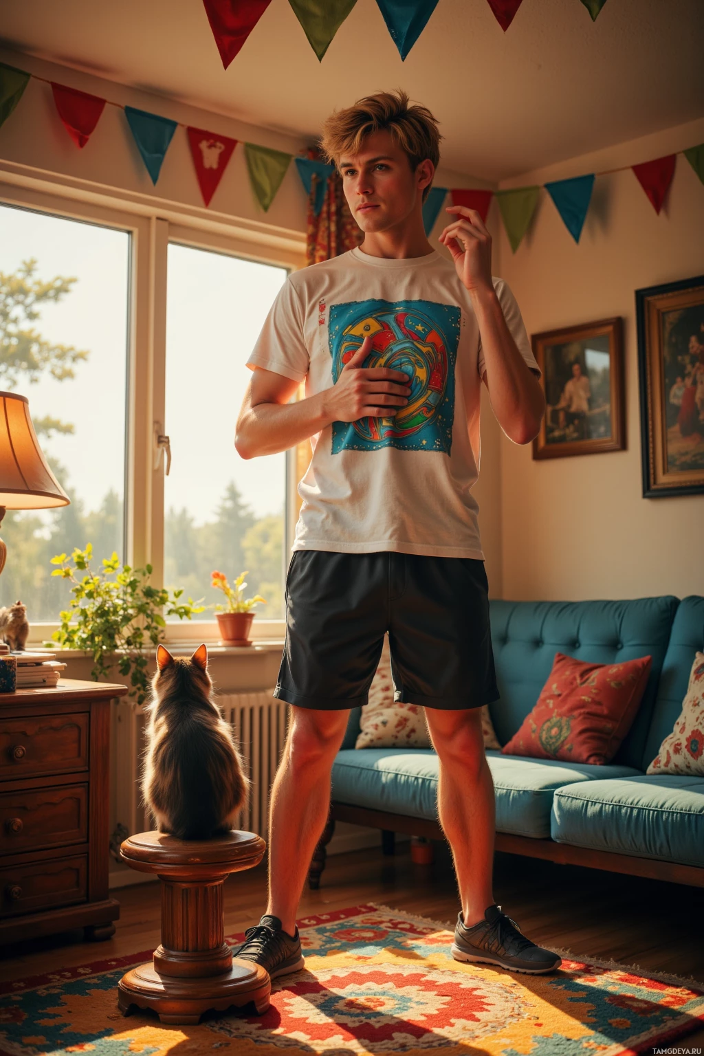 Молодой человек стоит в светлой комнате, одетый в белую футболку и шорты темного цвета, рядом на табуретке сидит кошка.