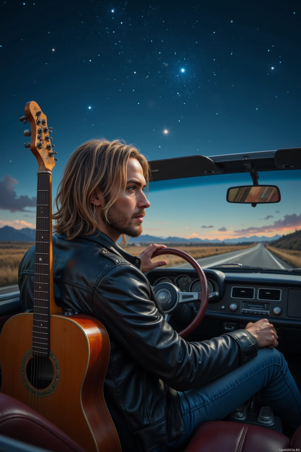 Мужчина в кожаной куртке сидит за рулем кабриолета, держа в руках гитару, на фоне звездного неба и далеких гор.