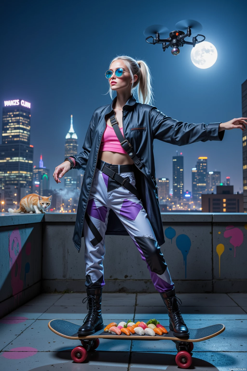 Человек стоит на скейтборде с суши на фоне ночного городского пейзажа.