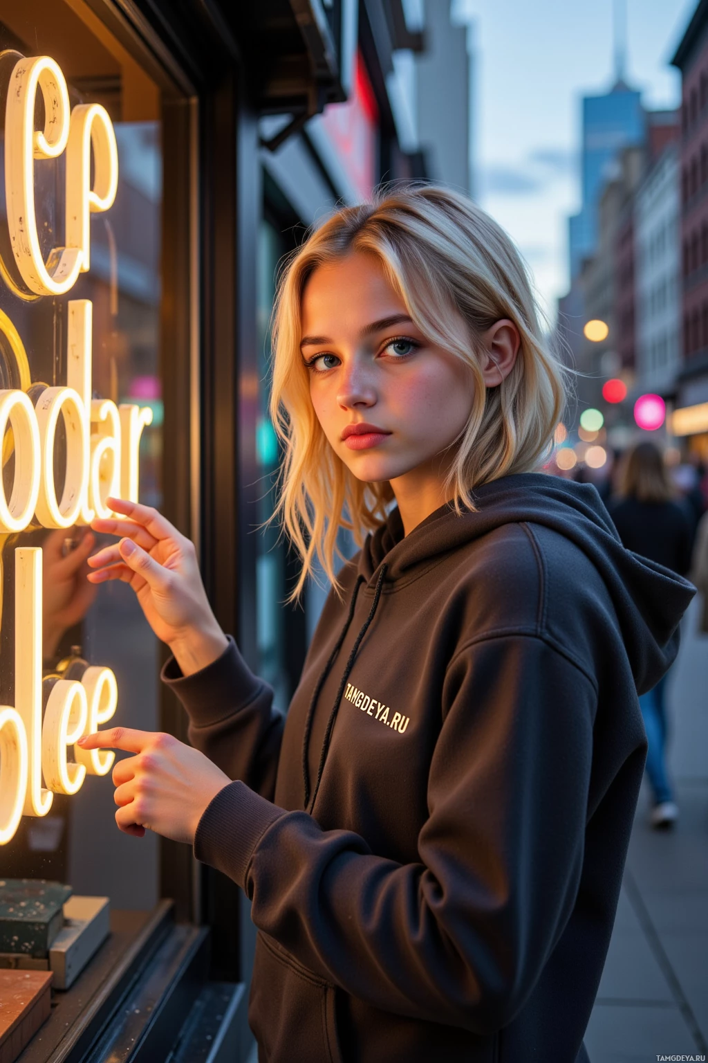 Человек в толстовке стоит перед неоновой вывеской и указывает на неё.