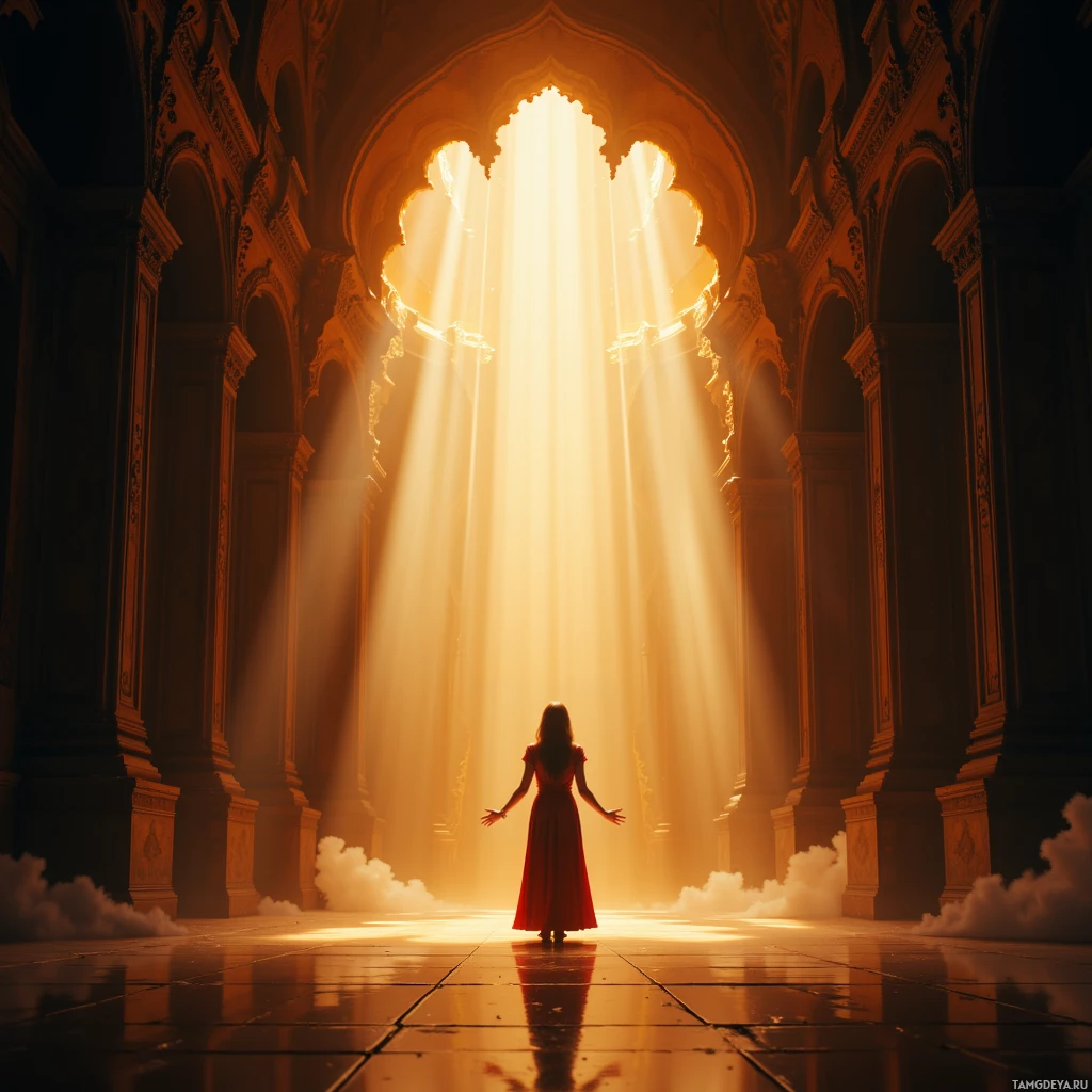 В просторном, залитом солнцем зале, с арочными окнами, стоит женщина в красном платье.