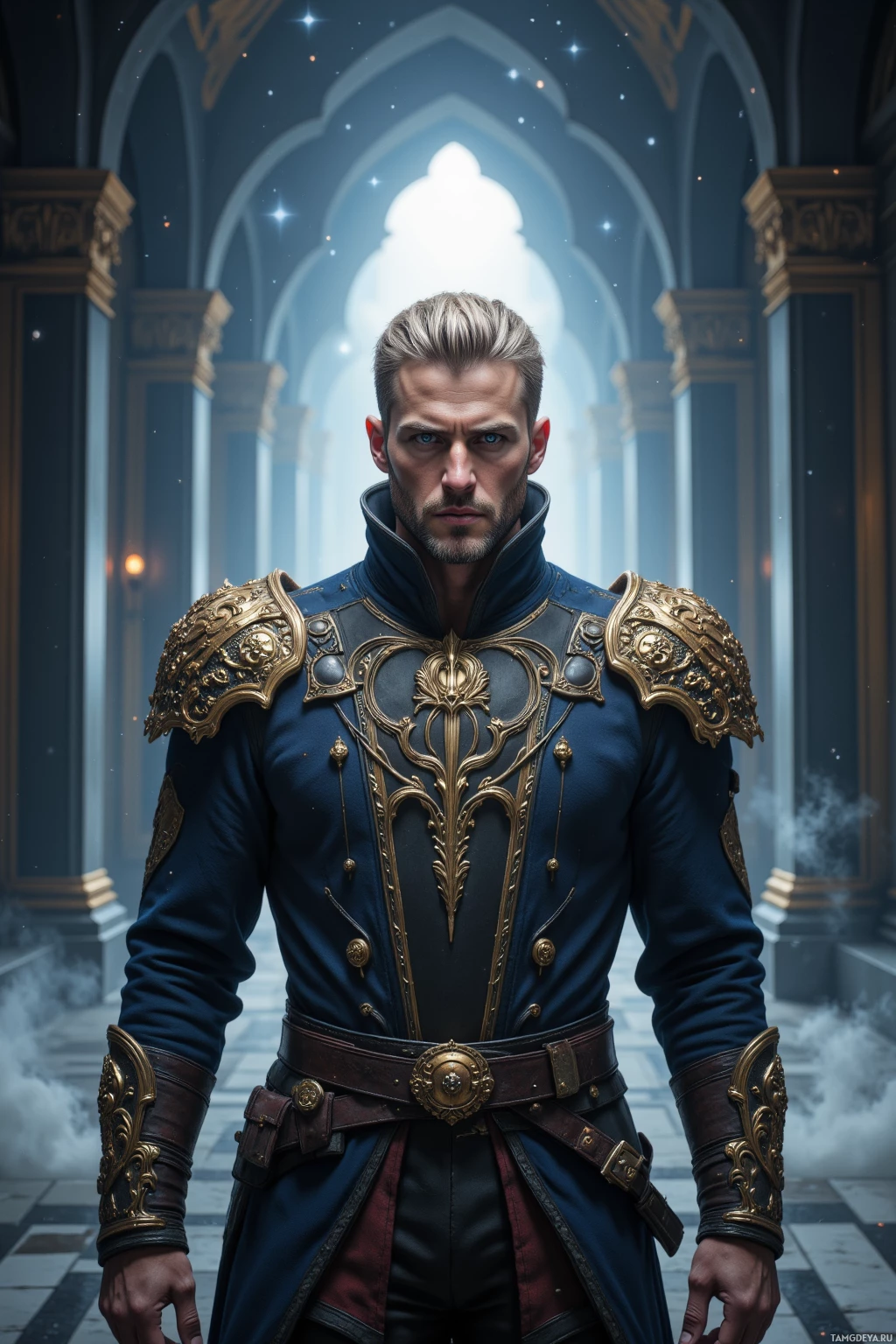 Мужчина в богато украшенных доспехах, напоминающих эпоху Средневековья, стоит в величественном, слабо освещенном зале.