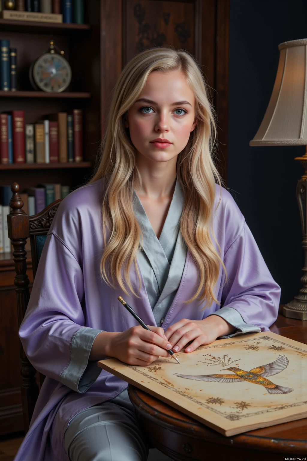 Женщина в фиолетовом халате сидит за столом, держа в руке ручку и глядя на рисунок птицы.