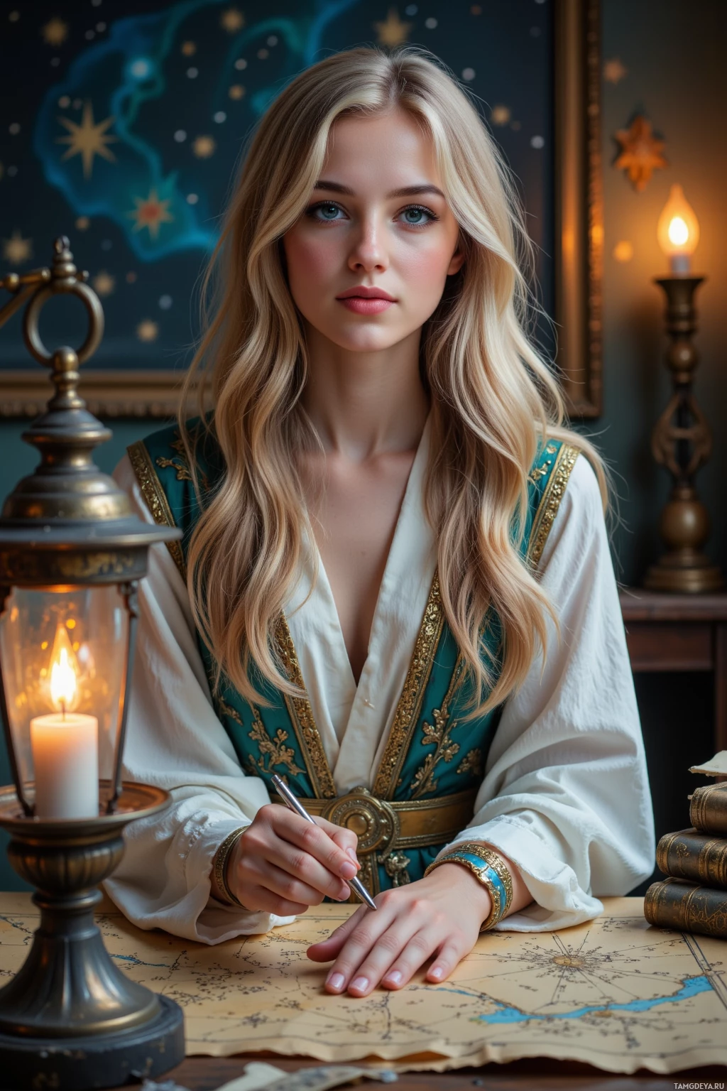 Женщина в костюме, выполненном в историческом стиле, пишет на карте пером.