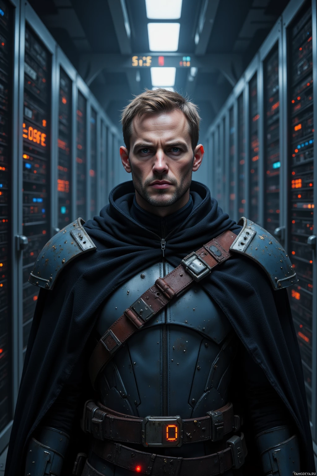 Человек в футуристических доспехах стоит в серверной.