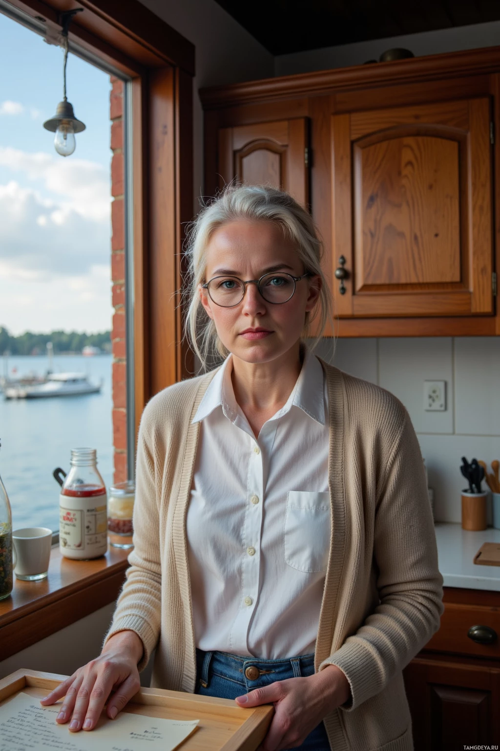 Женщина стоит на кухне у окна, держа в руках поднос с запиской.